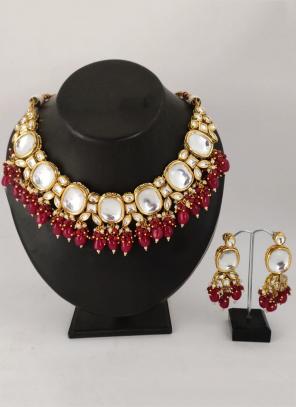 Dark Pink High Kundan And Pearls Wedding Necklace Set